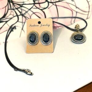 Vintage Classic Black and Gold Set with clip-on earrings and matching pendant